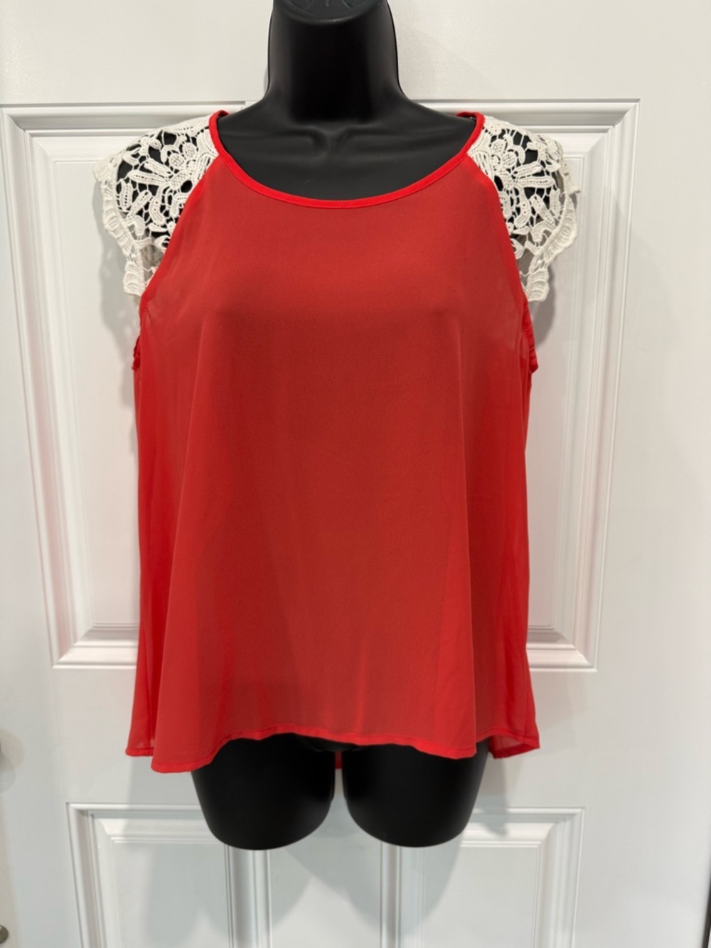 Miss Chievous Red Sleeveless Tank with White Crochet Cap Sleeves